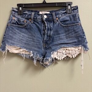 We The Free Womens Y2K Micro Mini  Shorts Size 27 Denim Lace Logo Distressed